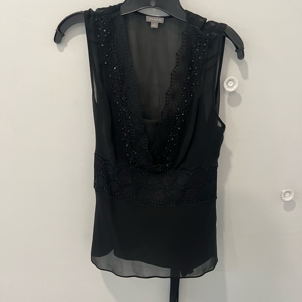 Ann Taylor Black Embellished Back Tie Blouse